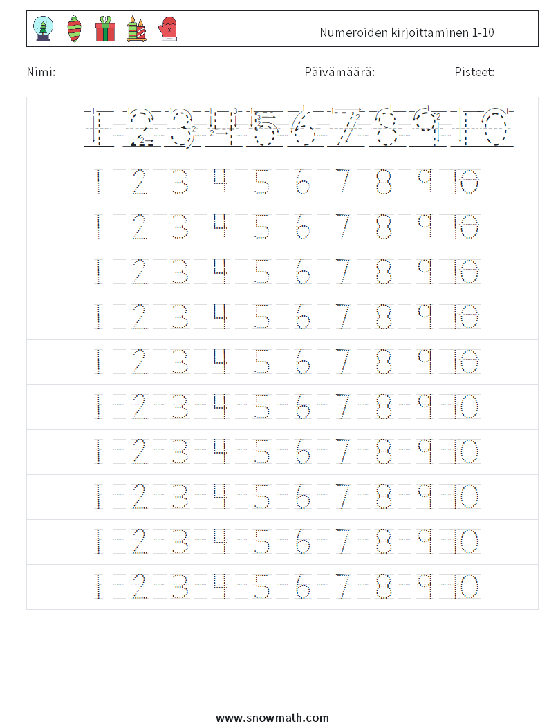 Numeroiden kirjoittaminen 1-10 Matematiikan laskentataulukot 4