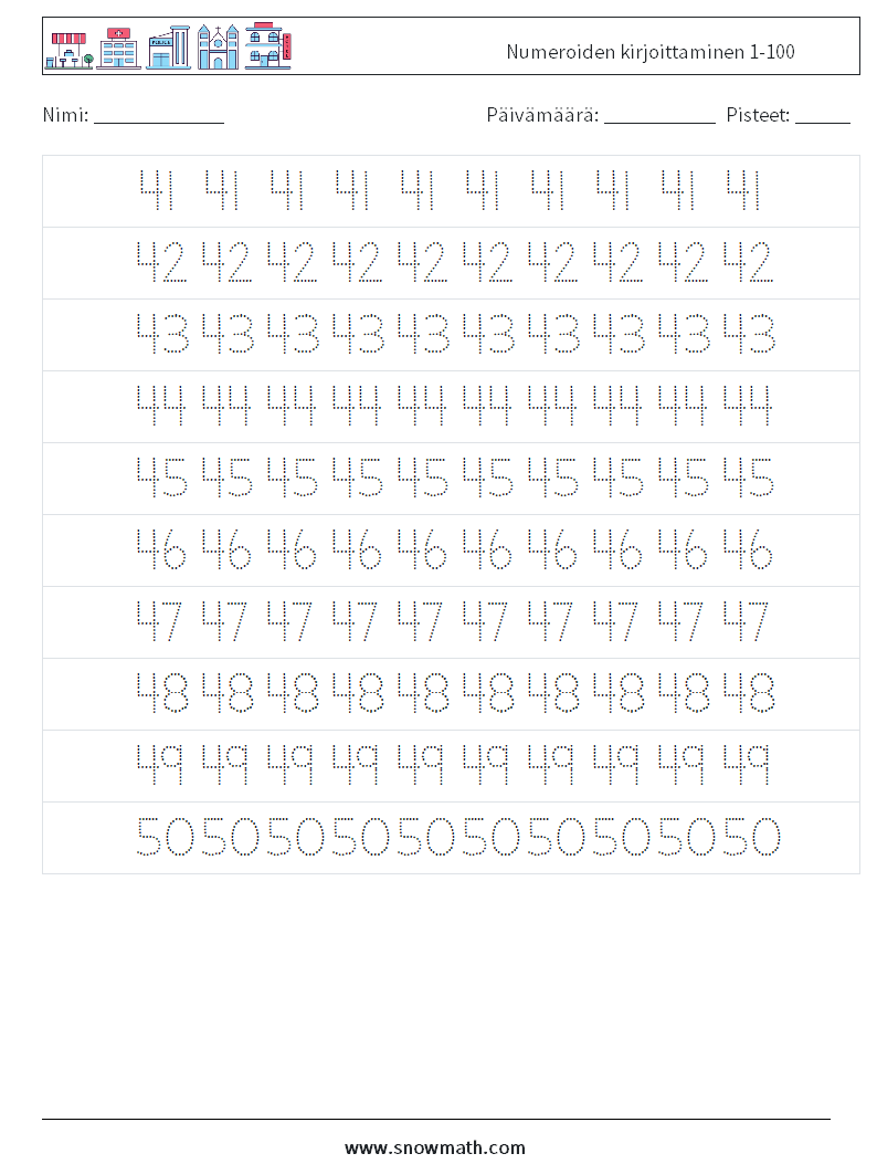 Numeroiden kirjoittaminen 1-100 Matematiikan laskentataulukot 9