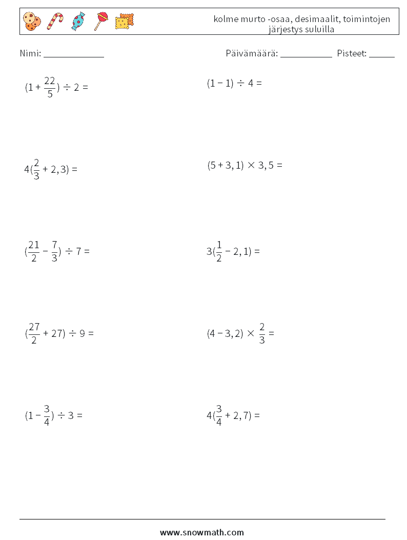 (10) kolme murto -osaa, desimaalit, toimintojen järjestys suluilla Matematiikan laskentataulukot 13