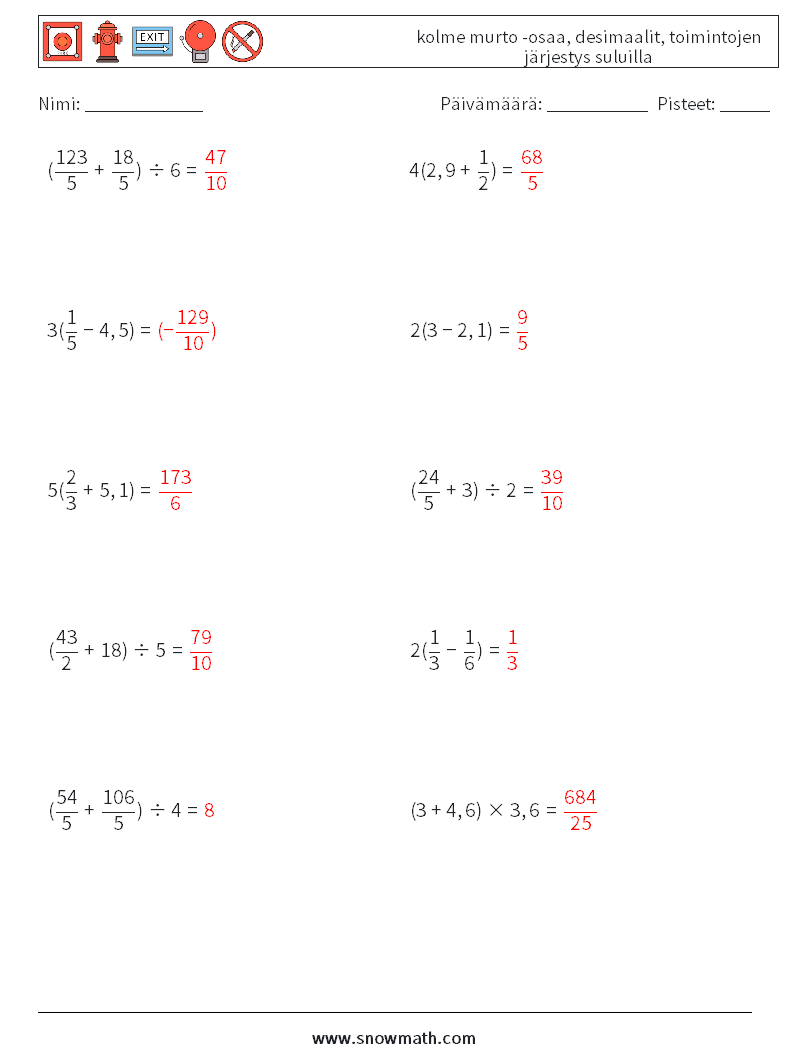 (10) kolme murto -osaa, desimaalit, toimintojen järjestys suluilla Matematiikan laskentataulukot 14 Kysymys, vastaus