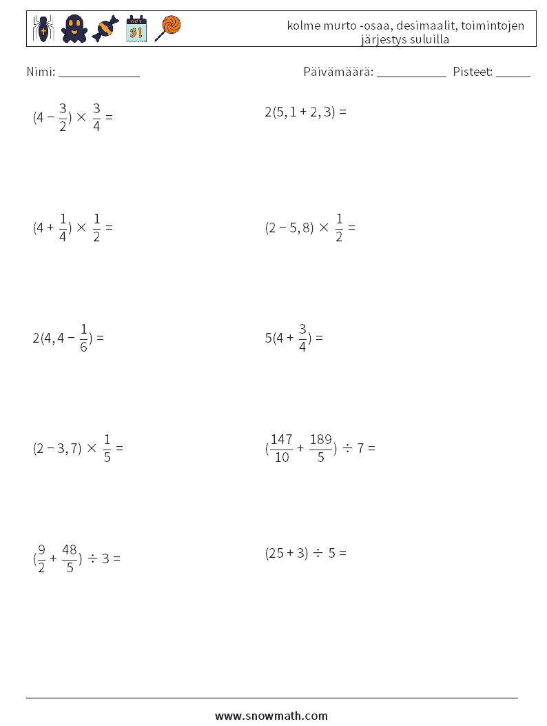 (10) kolme murto -osaa, desimaalit, toimintojen järjestys suluilla Matematiikan laskentataulukot 18