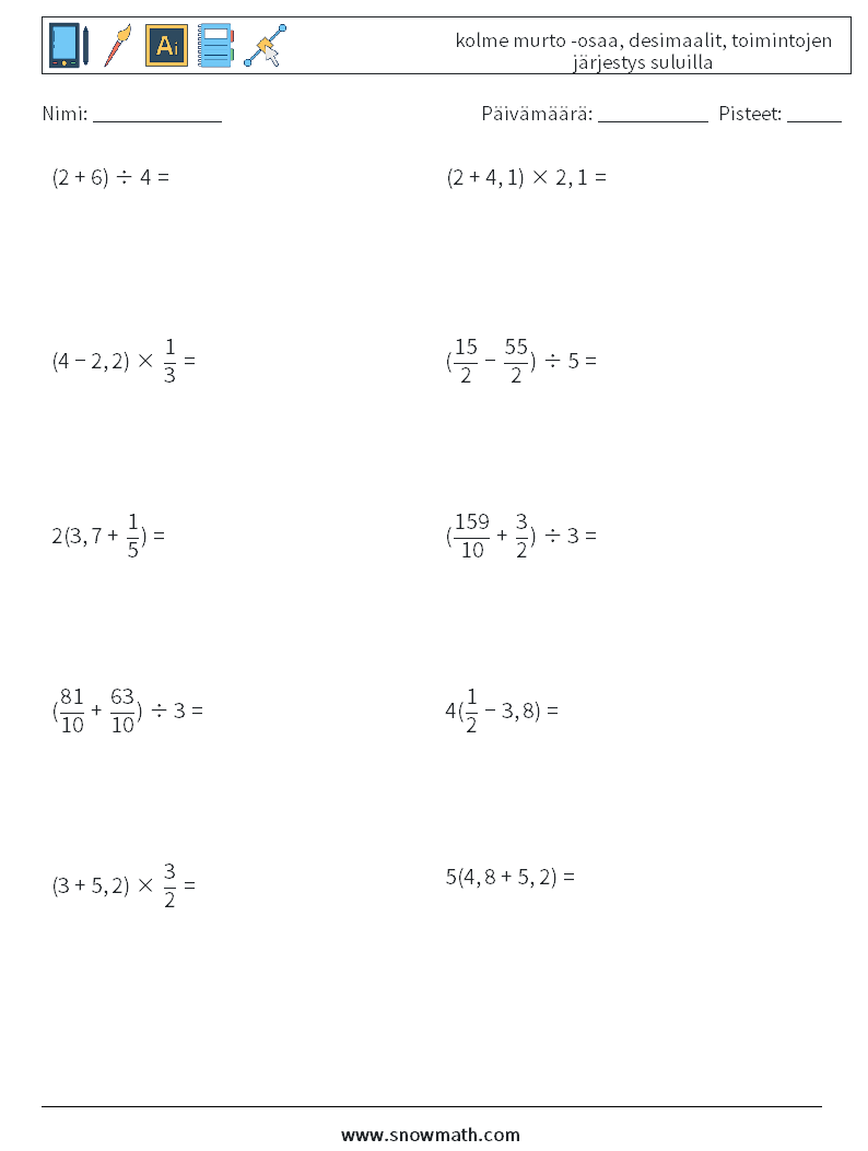 (10) kolme murto -osaa, desimaalit, toimintojen järjestys suluilla Matematiikan laskentataulukot 2
