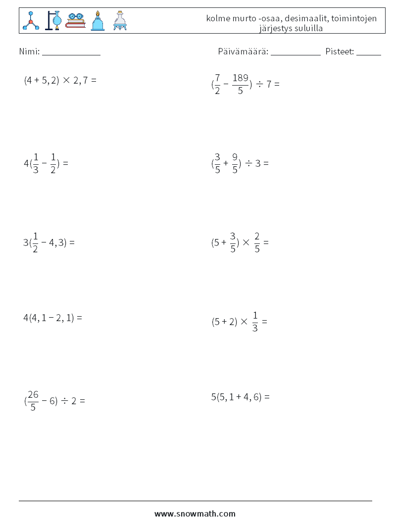 (10) kolme murto -osaa, desimaalit, toimintojen järjestys suluilla Matematiikan laskentataulukot 4