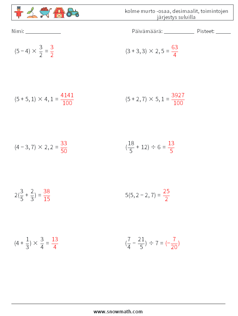 (10) kolme murto -osaa, desimaalit, toimintojen järjestys suluilla Matematiikan laskentataulukot 5 Kysymys, vastaus