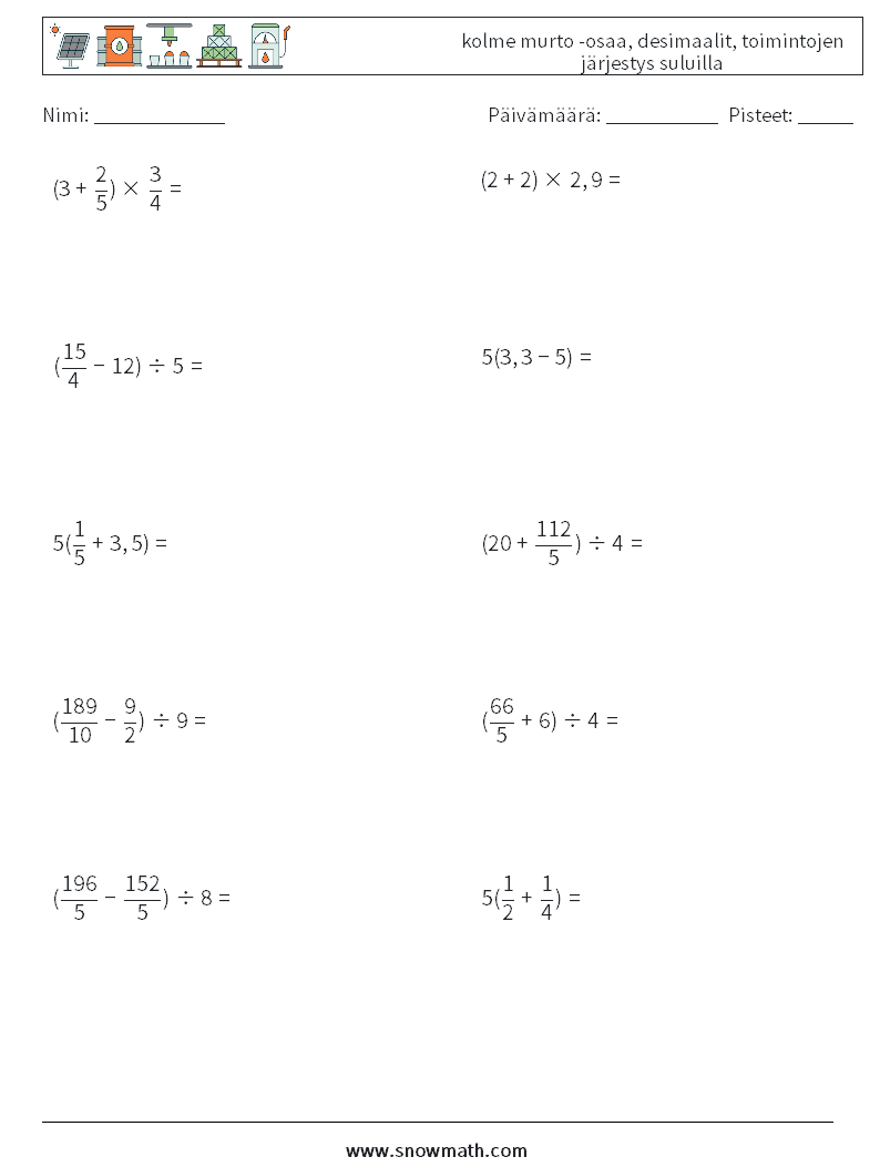 (10) kolme murto -osaa, desimaalit, toimintojen järjestys suluilla Matematiikan laskentataulukot 8