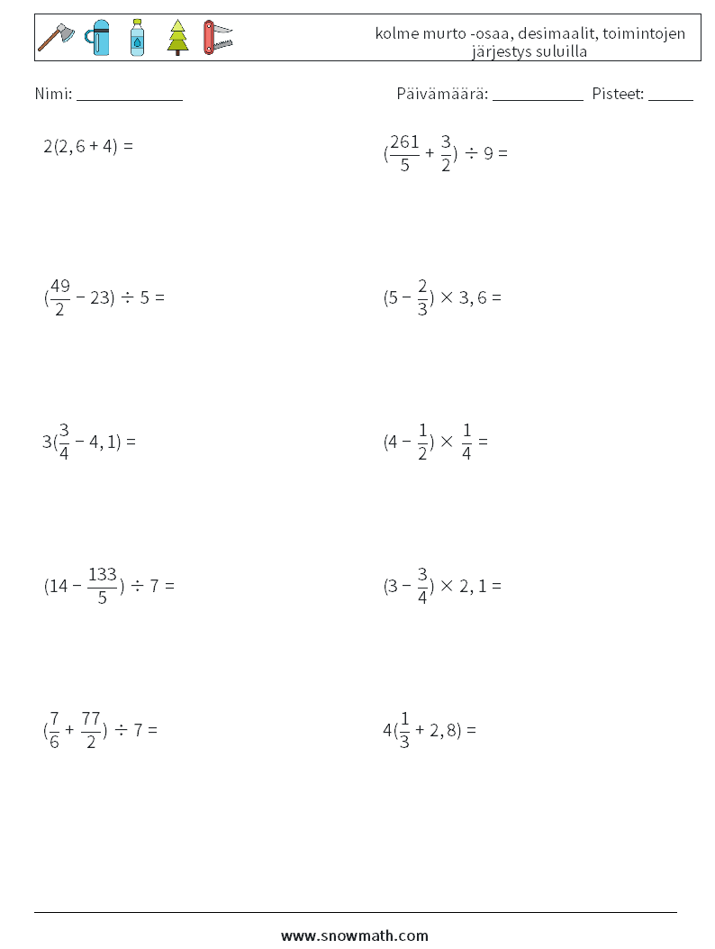 (10) kolme murto -osaa, desimaalit, toimintojen järjestys suluilla Matematiikan laskentataulukot 9