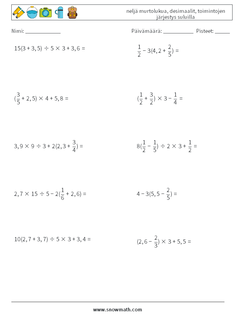 (10) neljä murtolukua, desimaalit, toimintojen järjestys suluilla Matematiikan laskentataulukot 10