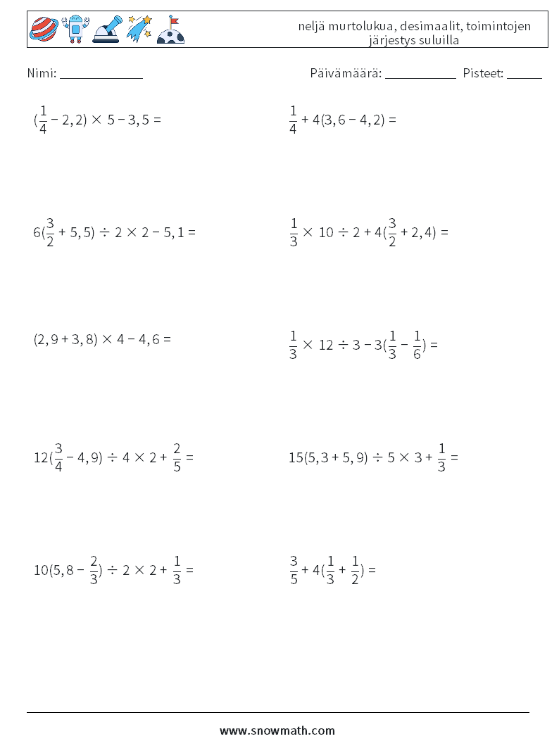 (10) neljä murtolukua, desimaalit, toimintojen järjestys suluilla Matematiikan laskentataulukot 11