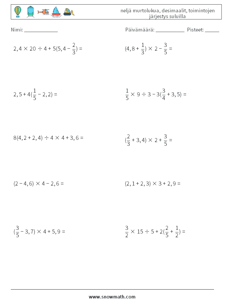 (10) neljä murtolukua, desimaalit, toimintojen järjestys suluilla Matematiikan laskentataulukot 12