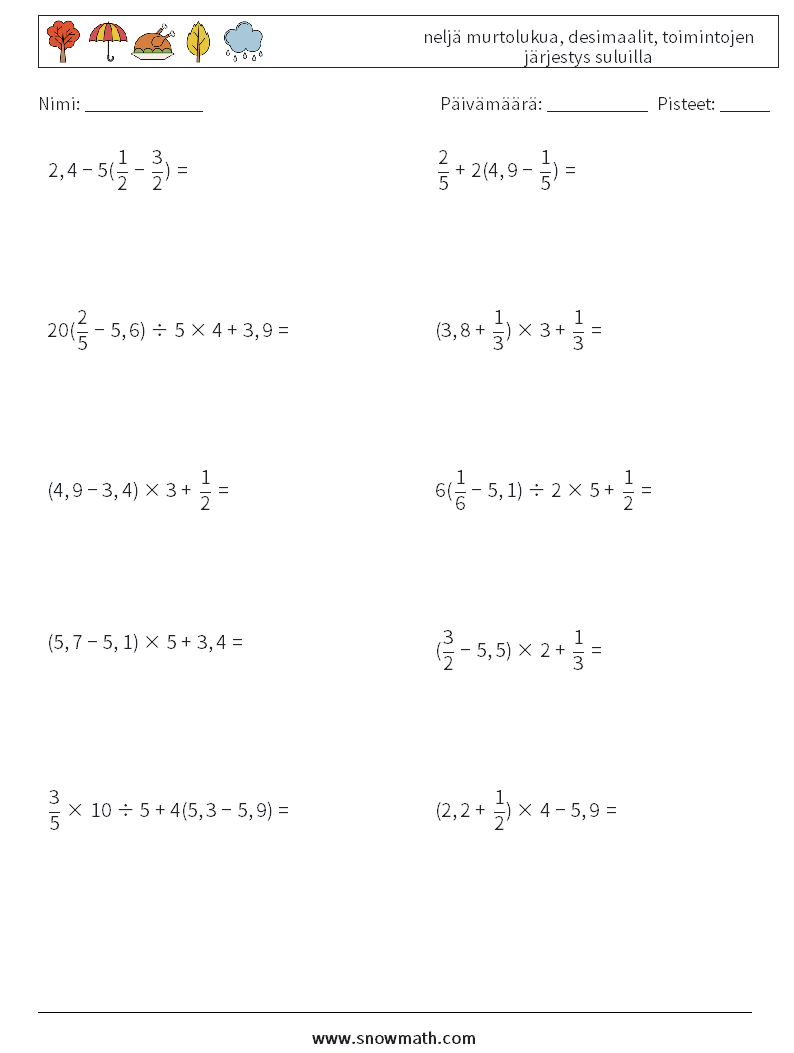 (10) neljä murtolukua, desimaalit, toimintojen järjestys suluilla Matematiikan laskentataulukot 13