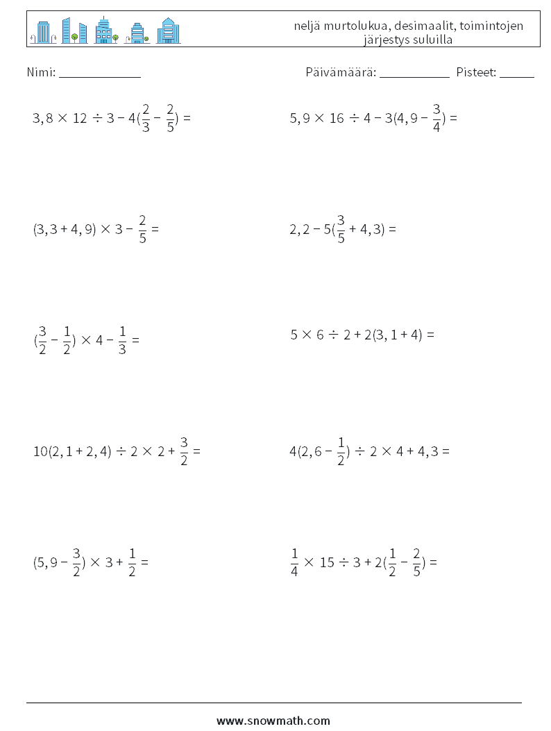 (10) neljä murtolukua, desimaalit, toimintojen järjestys suluilla Matematiikan laskentataulukot 14