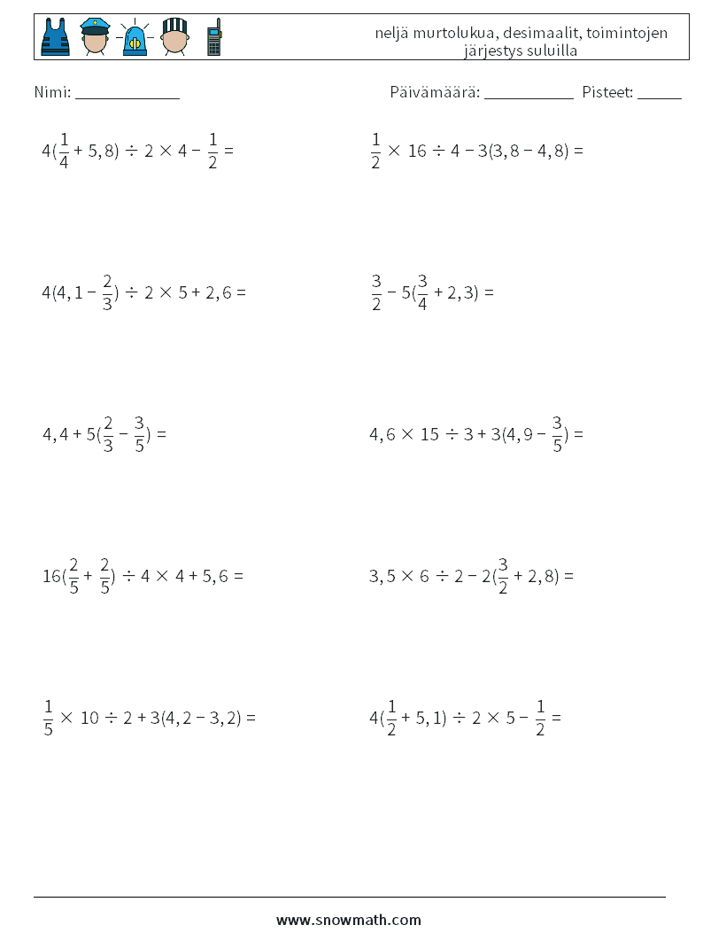 (10) neljä murtolukua, desimaalit, toimintojen järjestys suluilla Matematiikan laskentataulukot 15