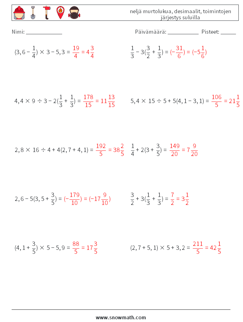 (10) neljä murtolukua, desimaalit, toimintojen järjestys suluilla Matematiikan laskentataulukot 16 Kysymys, vastaus