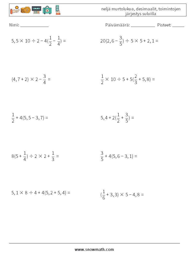 (10) neljä murtolukua, desimaalit, toimintojen järjestys suluilla Matematiikan laskentataulukot 17