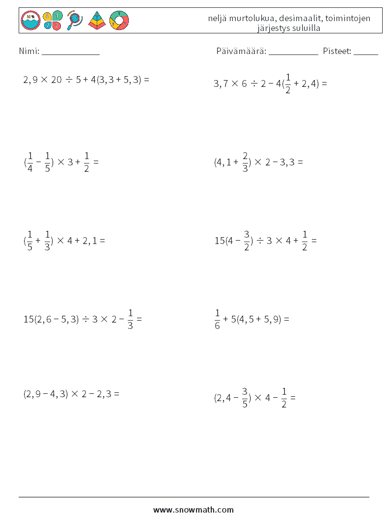 (10) neljä murtolukua, desimaalit, toimintojen järjestys suluilla Matematiikan laskentataulukot 18