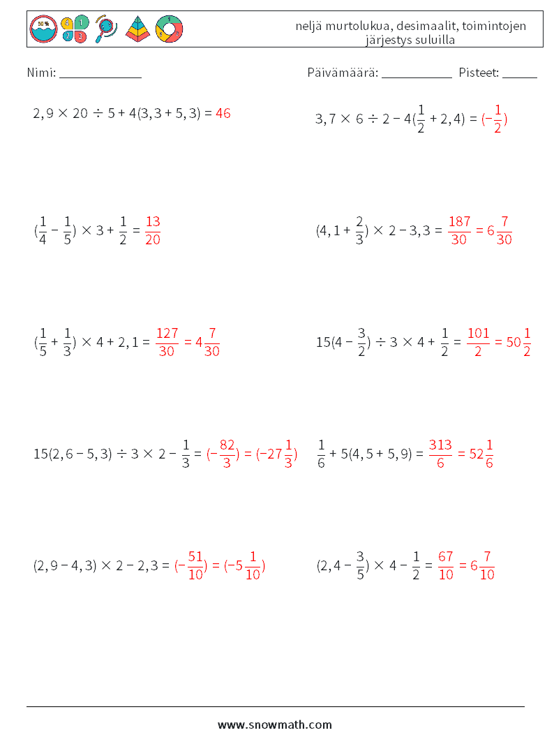 (10) neljä murtolukua, desimaalit, toimintojen järjestys suluilla Matematiikan laskentataulukot 18 Kysymys, vastaus
