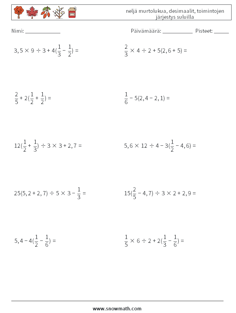 (10) neljä murtolukua, desimaalit, toimintojen järjestys suluilla Matematiikan laskentataulukot 2
