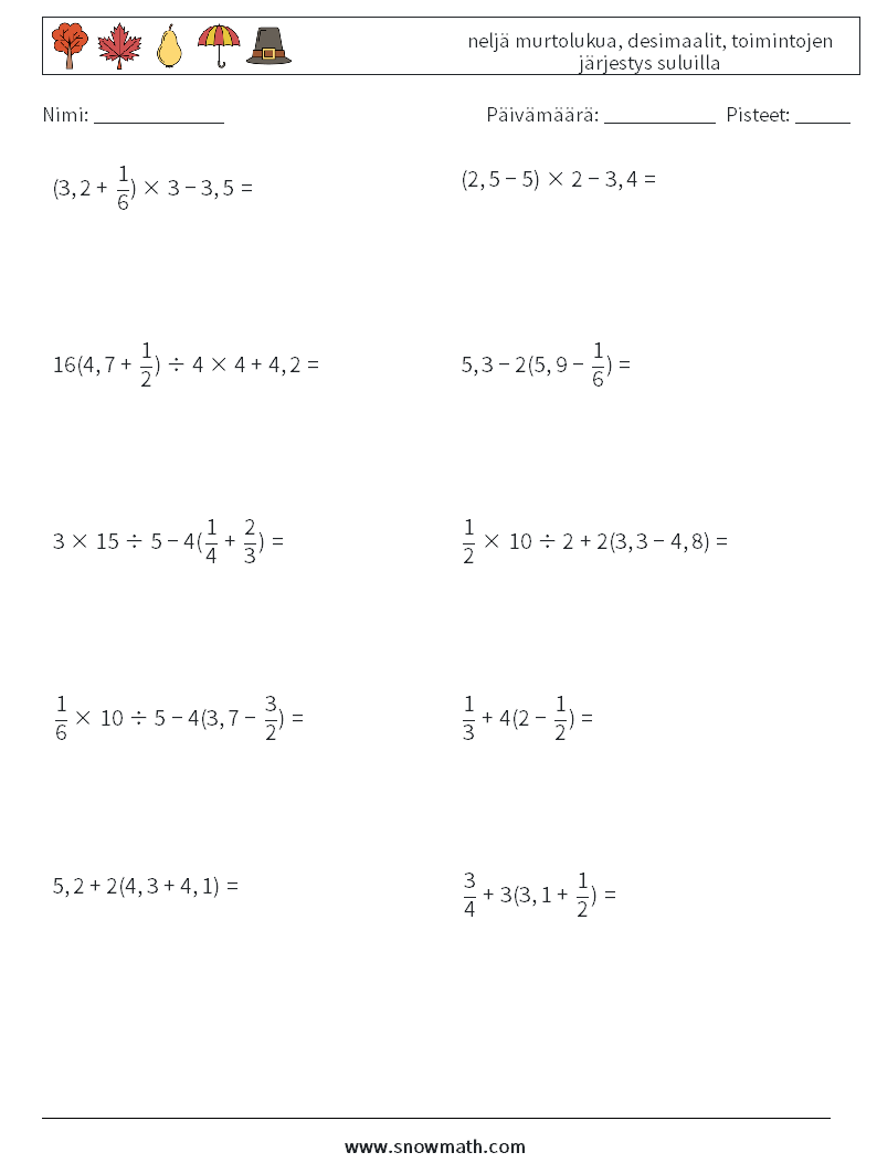 (10) neljä murtolukua, desimaalit, toimintojen järjestys suluilla Matematiikan laskentataulukot 4