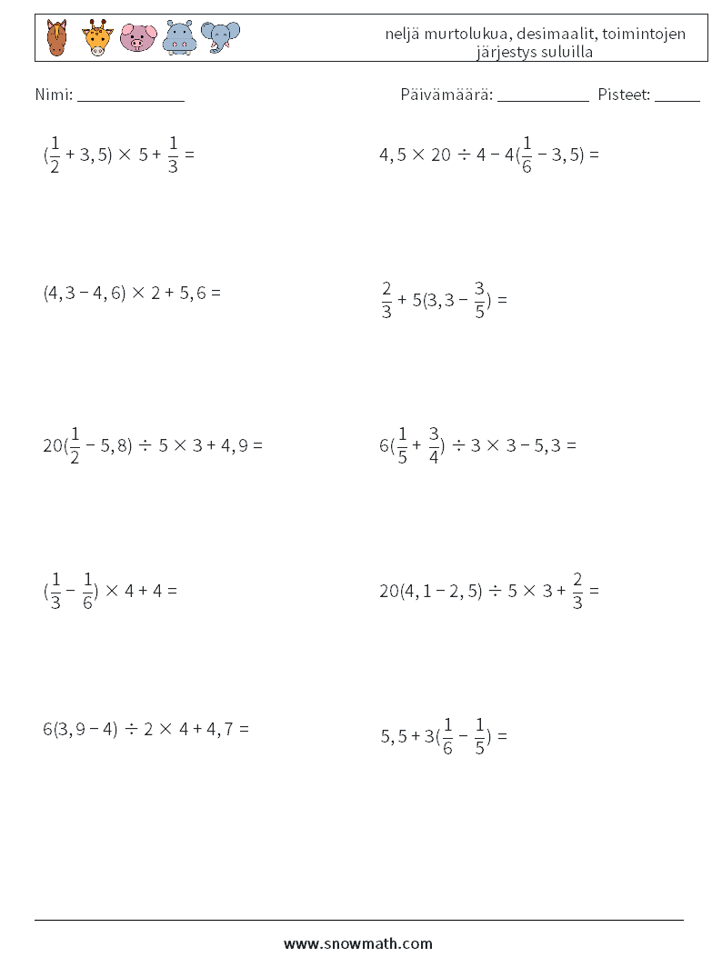 (10) neljä murtolukua, desimaalit, toimintojen järjestys suluilla Matematiikan laskentataulukot 5
