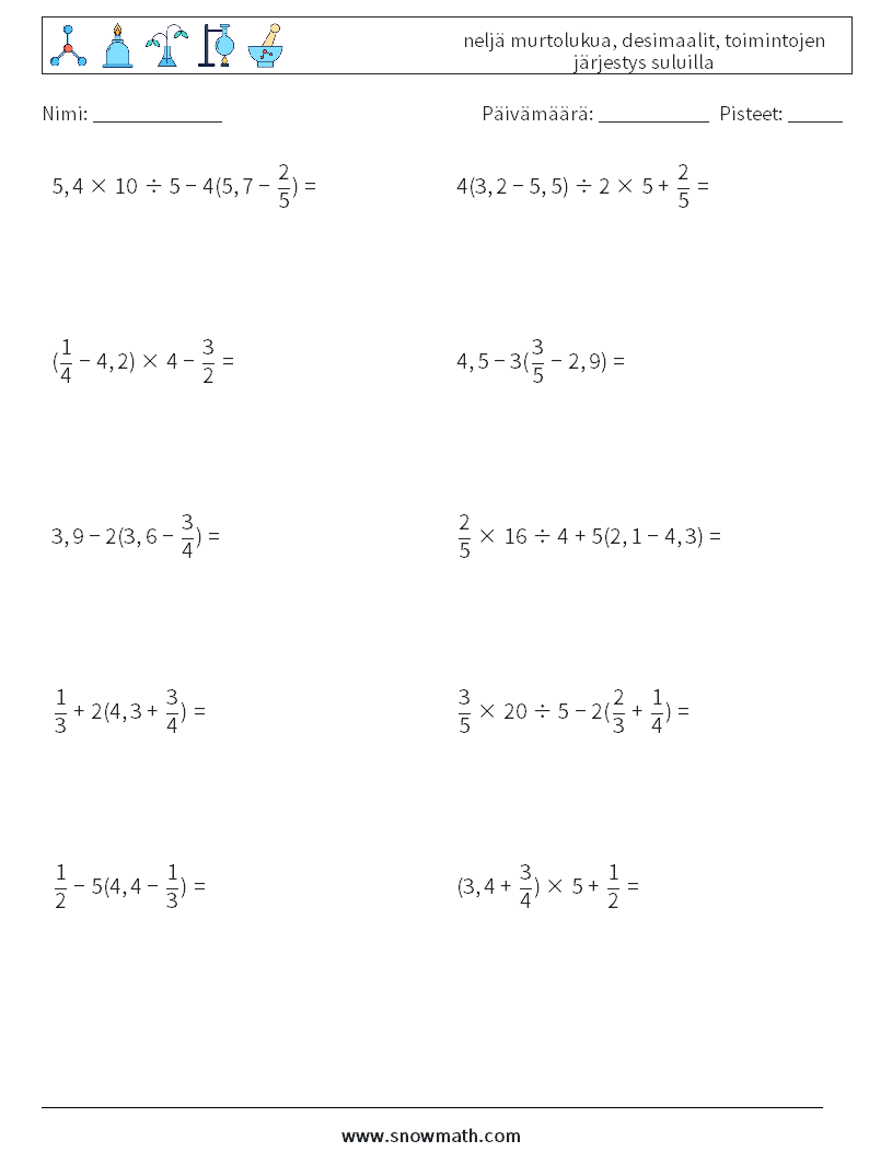 (10) neljä murtolukua, desimaalit, toimintojen järjestys suluilla Matematiikan laskentataulukot 7