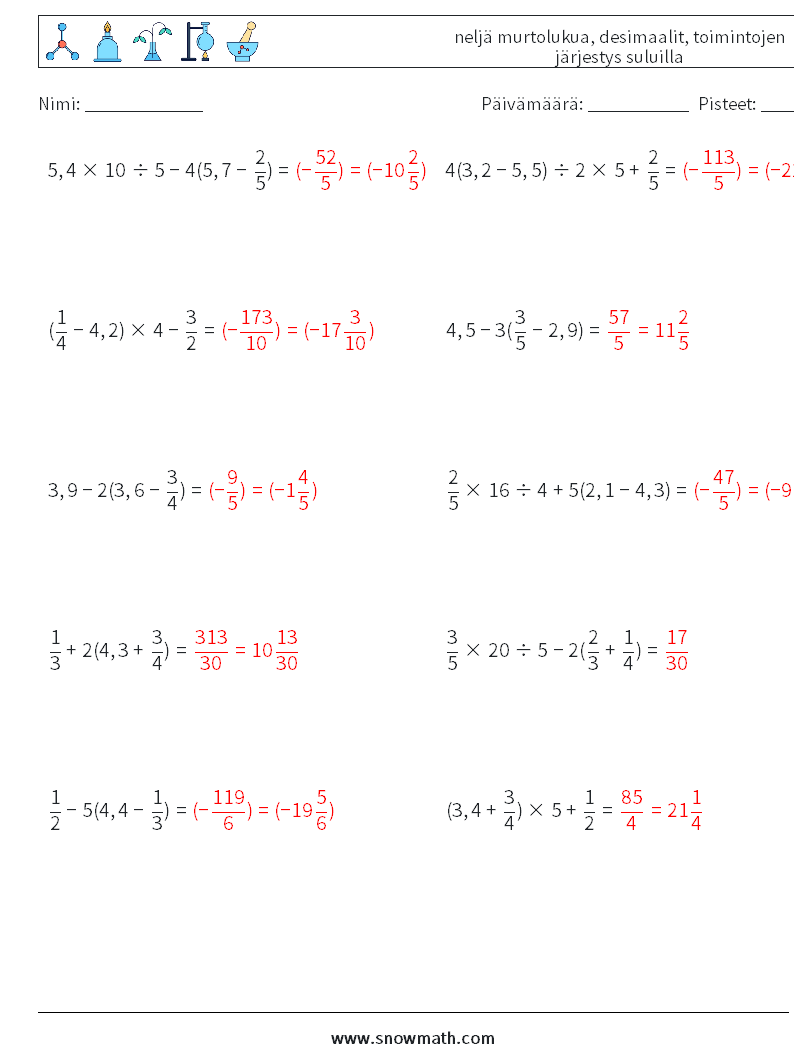 (10) neljä murtolukua, desimaalit, toimintojen järjestys suluilla Matematiikan laskentataulukot 7 Kysymys, vastaus