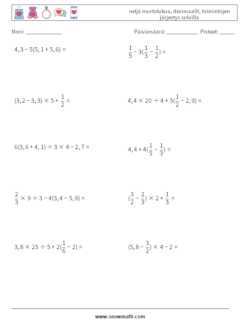 (10) neljä murtolukua, desimaalit, toimintojen järjestys suluilla Matematiikan laskentataulukot 8