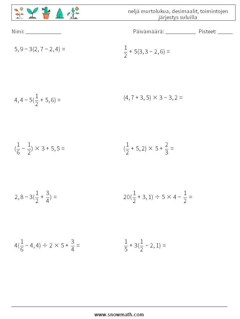 (10) neljä murtolukua, desimaalit, toimintojen järjestys suluilla Matematiikan laskentataulukot 9