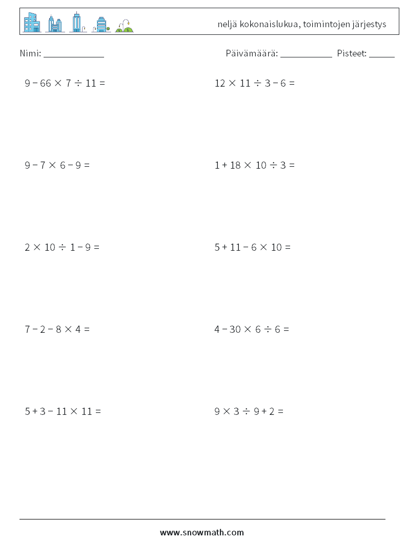 (10) neljä kokonaislukua, toimintojen järjestys Matematiikan laskentataulukot 4