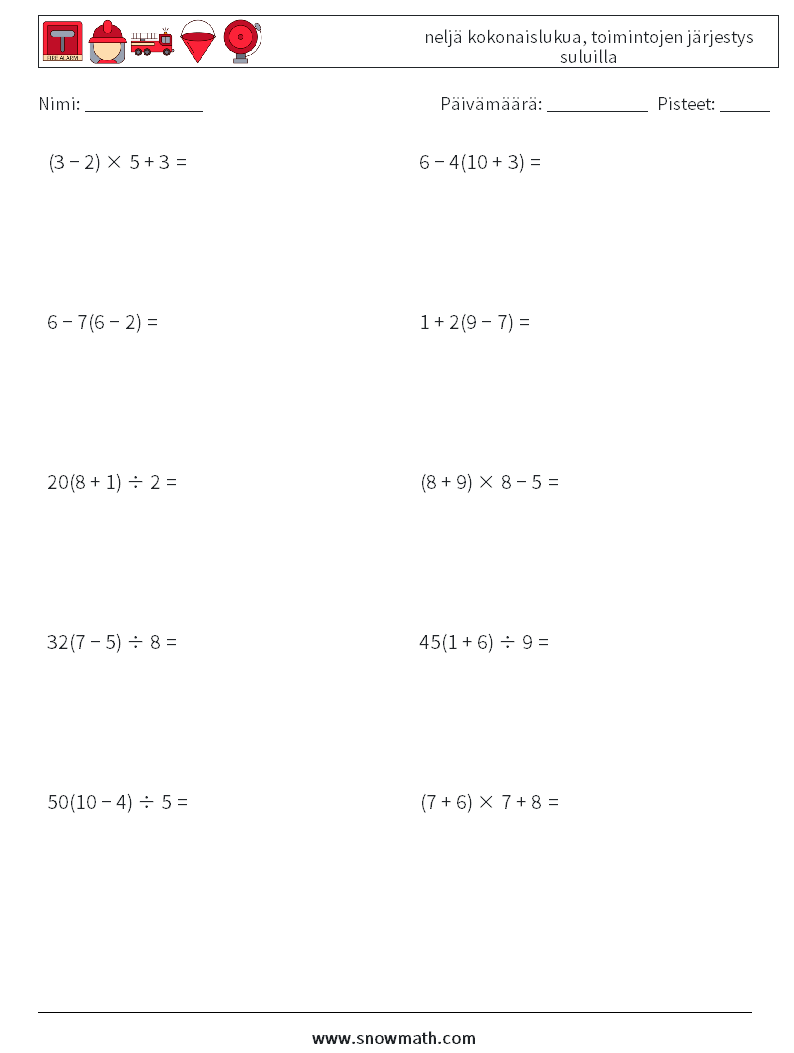 (10) neljä kokonaislukua, toimintojen järjestys suluilla Matematiikan laskentataulukot 12