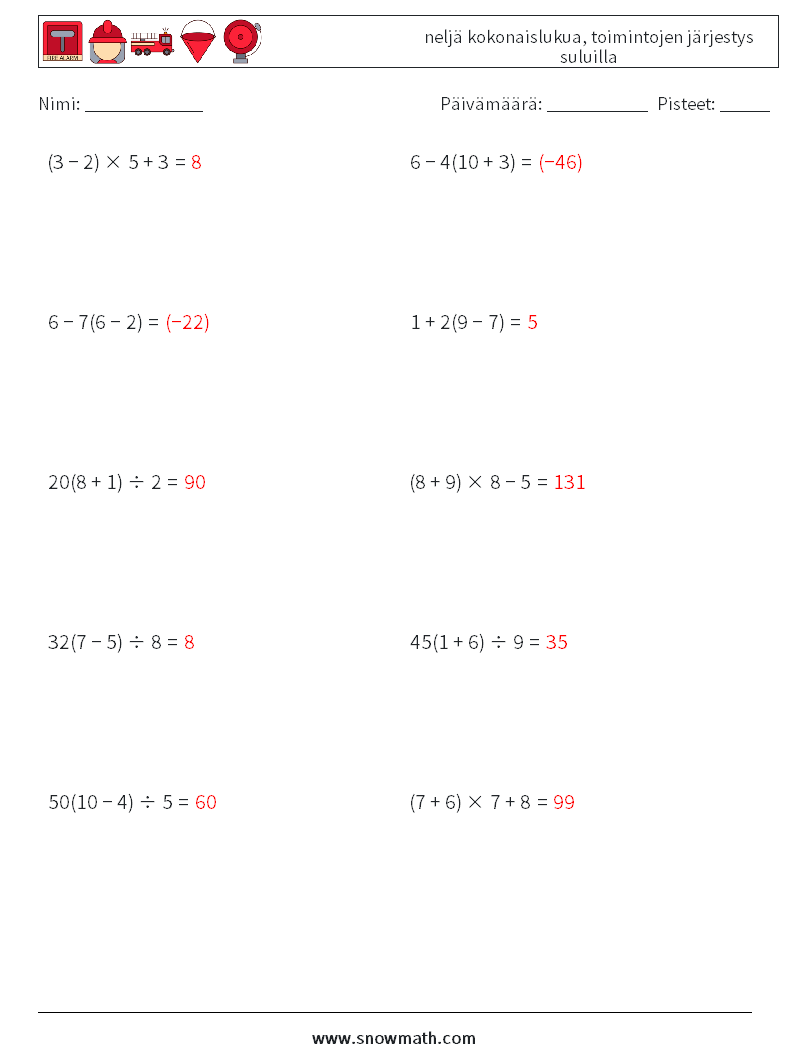 (10) neljä kokonaislukua, toimintojen järjestys suluilla Matematiikan laskentataulukot 12 Kysymys, vastaus