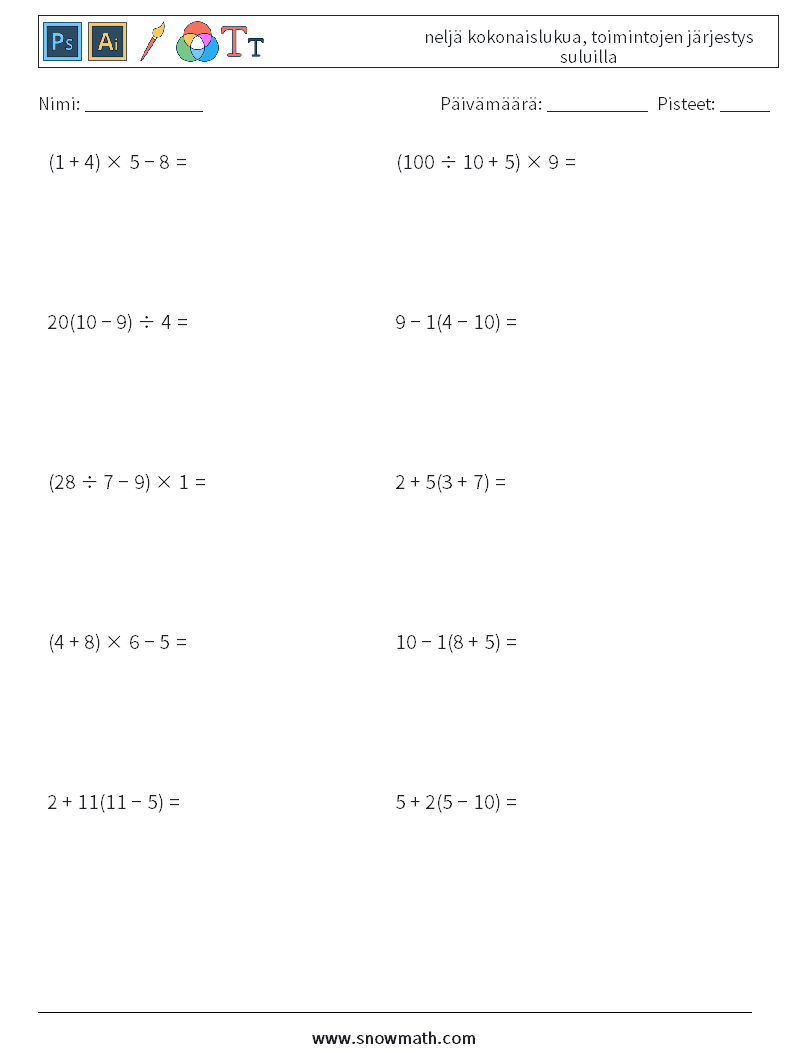 (10) neljä kokonaislukua, toimintojen järjestys suluilla Matematiikan laskentataulukot 13