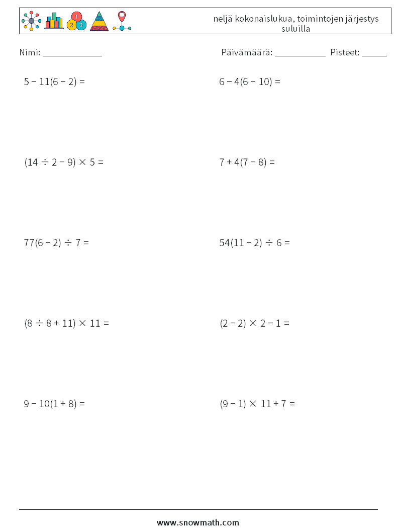 (10) neljä kokonaislukua, toimintojen järjestys suluilla Matematiikan laskentataulukot 14