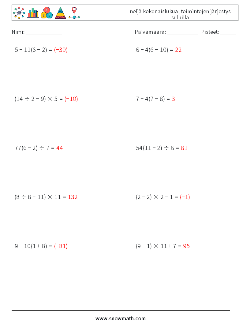 (10) neljä kokonaislukua, toimintojen järjestys suluilla Matematiikan laskentataulukot 14 Kysymys, vastaus