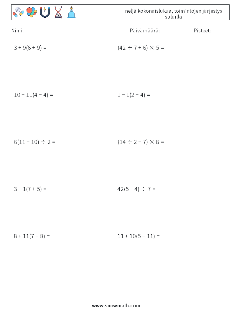 (10) neljä kokonaislukua, toimintojen järjestys suluilla Matematiikan laskentataulukot 16