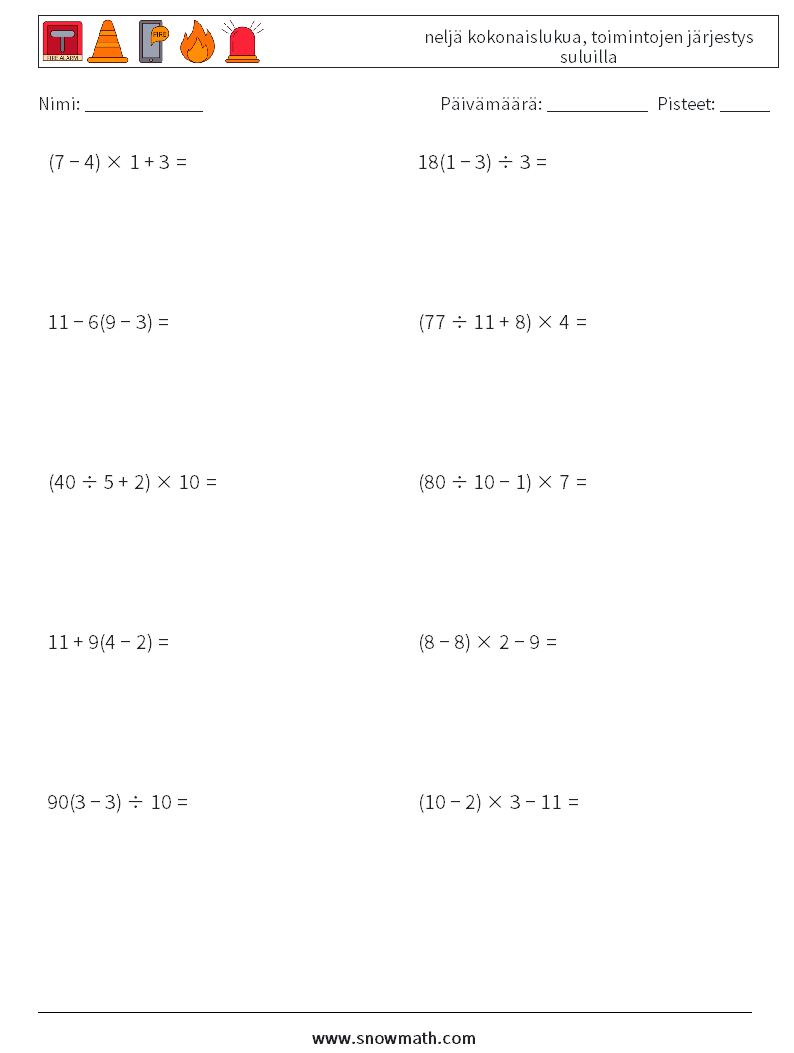 (10) neljä kokonaislukua, toimintojen järjestys suluilla Matematiikan laskentataulukot 17
