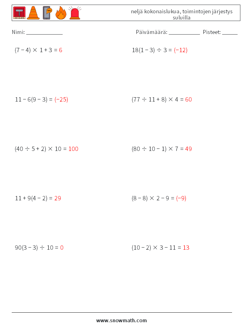 (10) neljä kokonaislukua, toimintojen järjestys suluilla Matematiikan laskentataulukot 17 Kysymys, vastaus