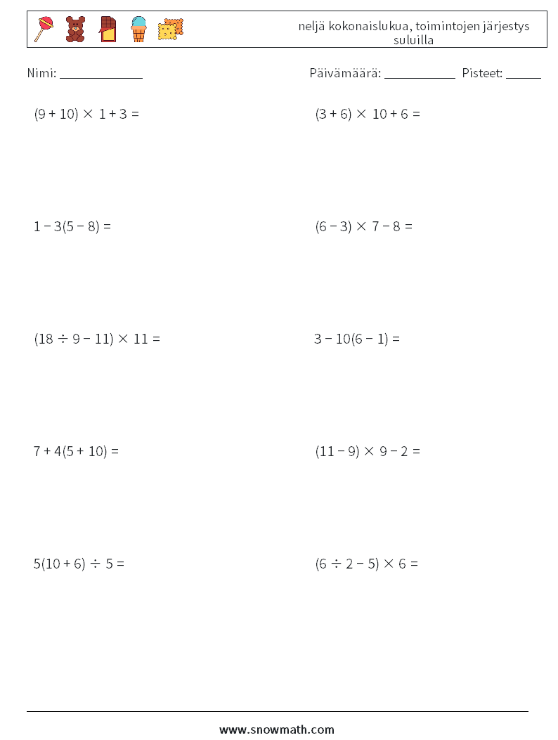 (10) neljä kokonaislukua, toimintojen järjestys suluilla Matematiikan laskentataulukot 2