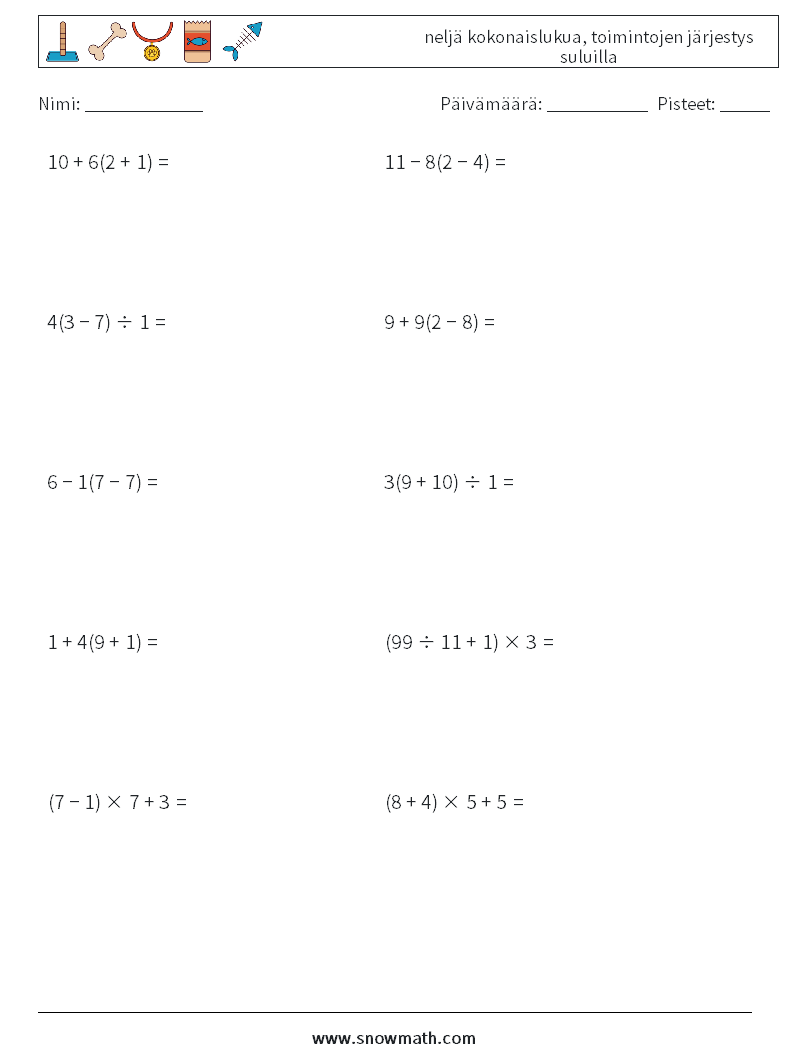 (10) neljä kokonaislukua, toimintojen järjestys suluilla Matematiikan laskentataulukot 7
