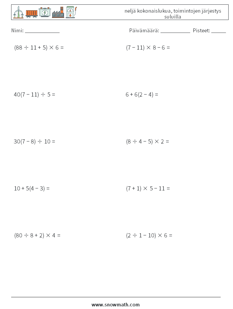 (10) neljä kokonaislukua, toimintojen järjestys suluilla Matematiikan laskentataulukot 8