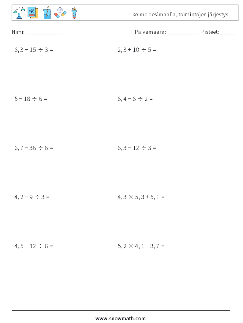 (10) kolme desimaalia, toimintojen järjestys Matematiikan laskentataulukot 13