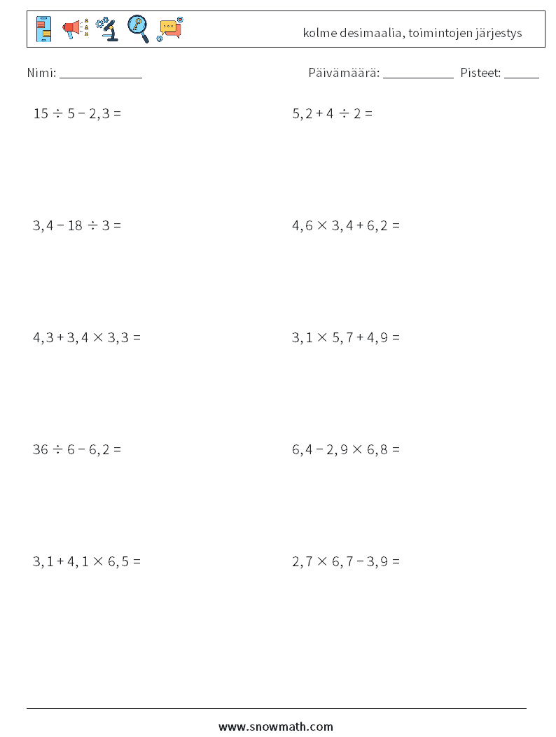 (10) kolme desimaalia, toimintojen järjestys Matematiikan laskentataulukot 14