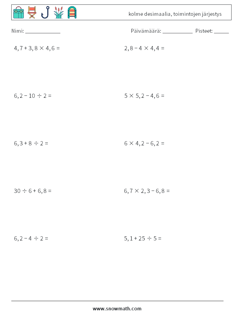 (10) kolme desimaalia, toimintojen järjestys Matematiikan laskentataulukot 16
