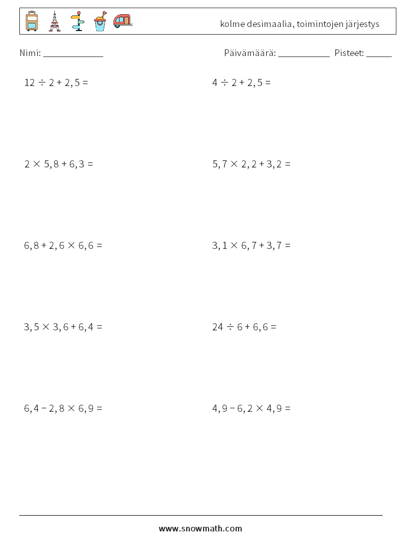 (10) kolme desimaalia, toimintojen järjestys Matematiikan laskentataulukot 17