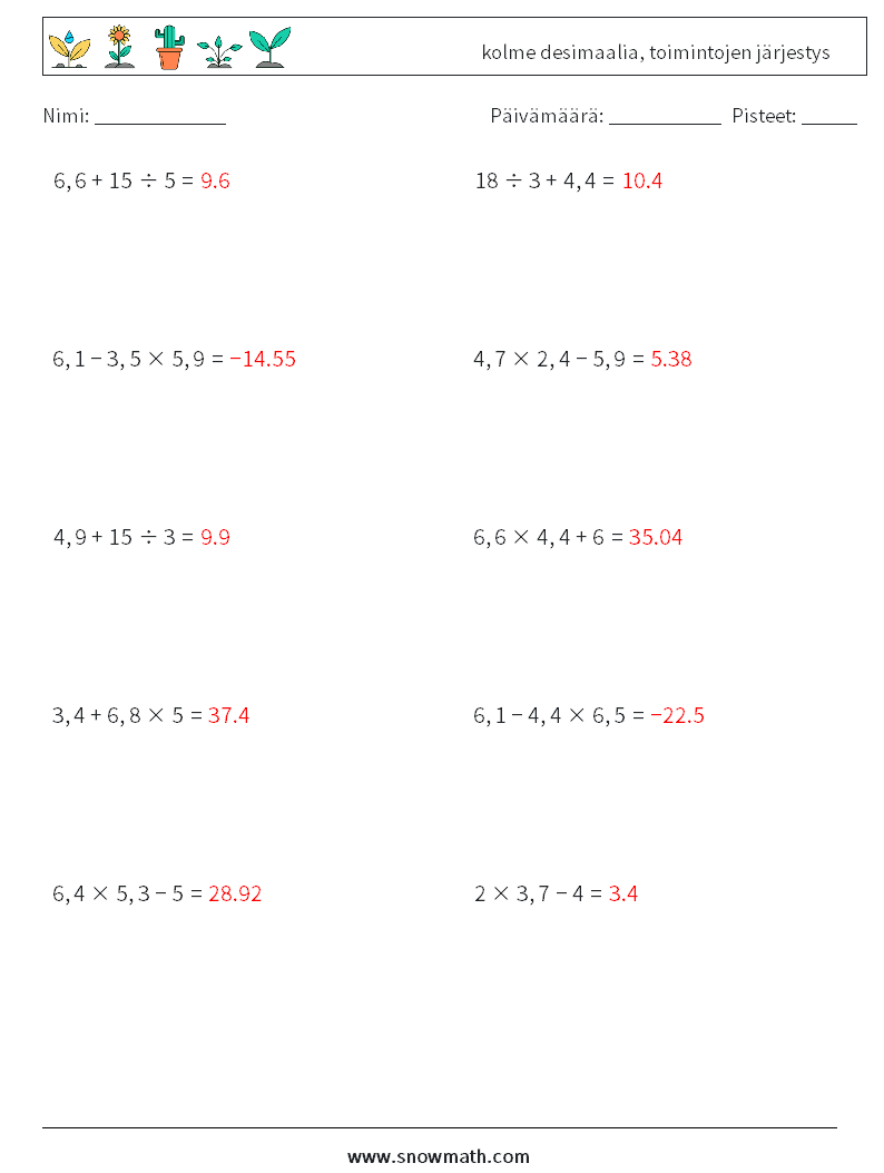 (10) kolme desimaalia, toimintojen järjestys Matematiikan laskentataulukot 18 Kysymys, vastaus