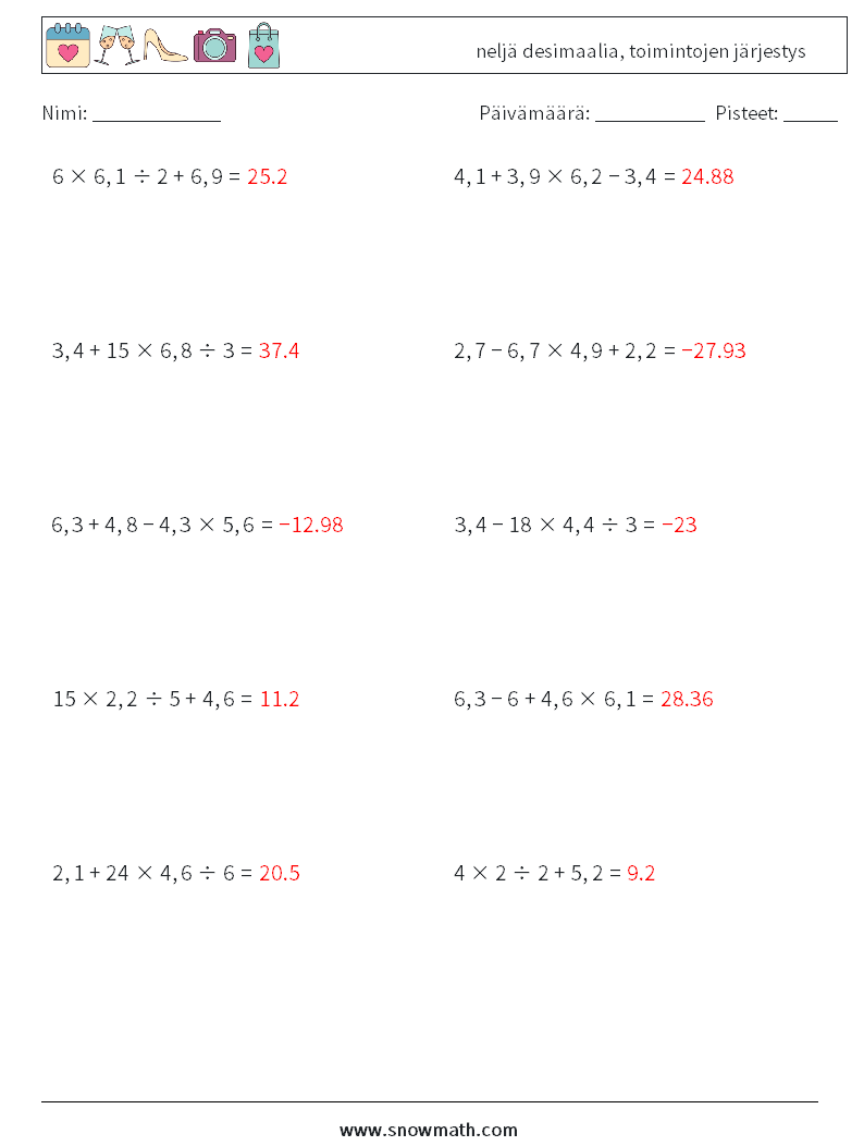 (10) neljä desimaalia, toimintojen järjestys Matematiikan laskentataulukot 3 Kysymys, vastaus