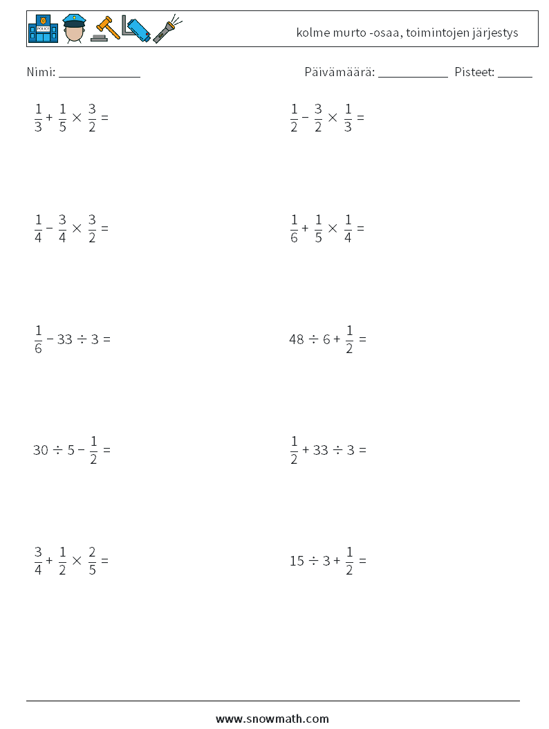 (10) kolme murto -osaa, toimintojen järjestys Matematiikan laskentataulukot 4