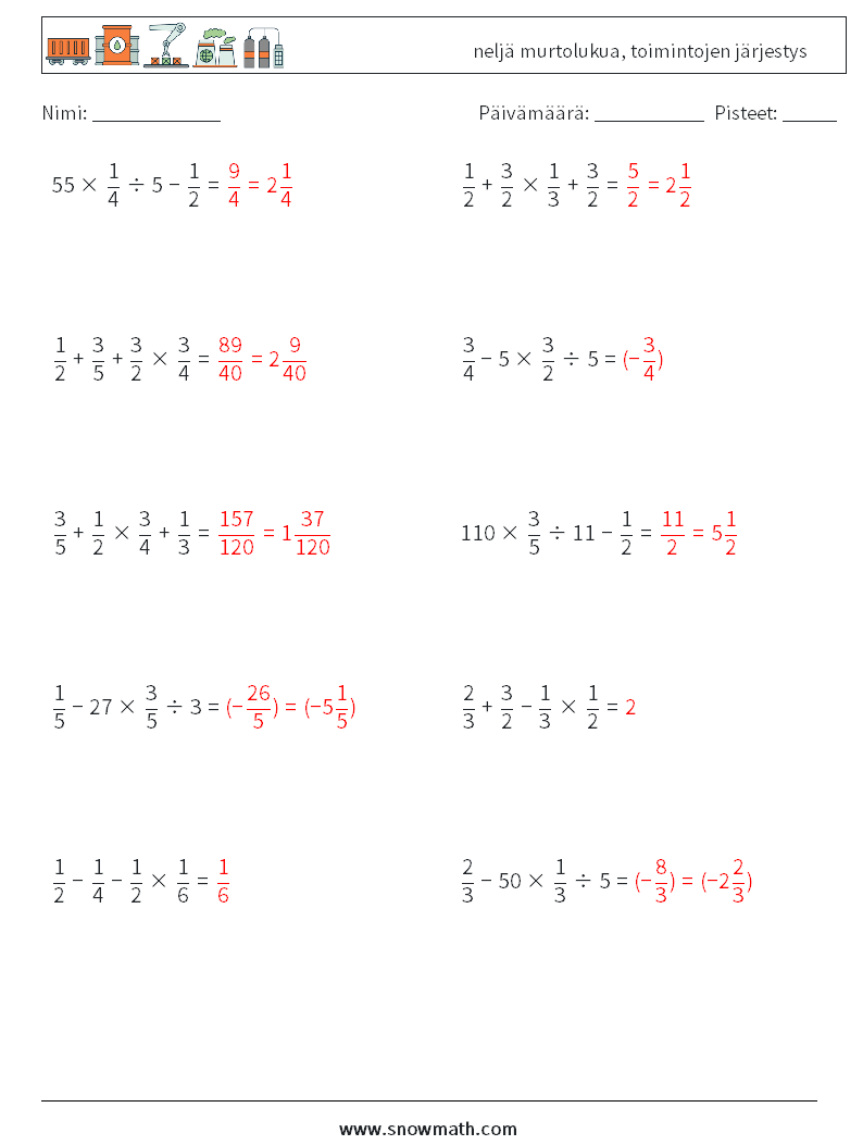 (10) neljä murtolukua, toimintojen järjestys Matematiikan laskentataulukot 15 Kysymys, vastaus