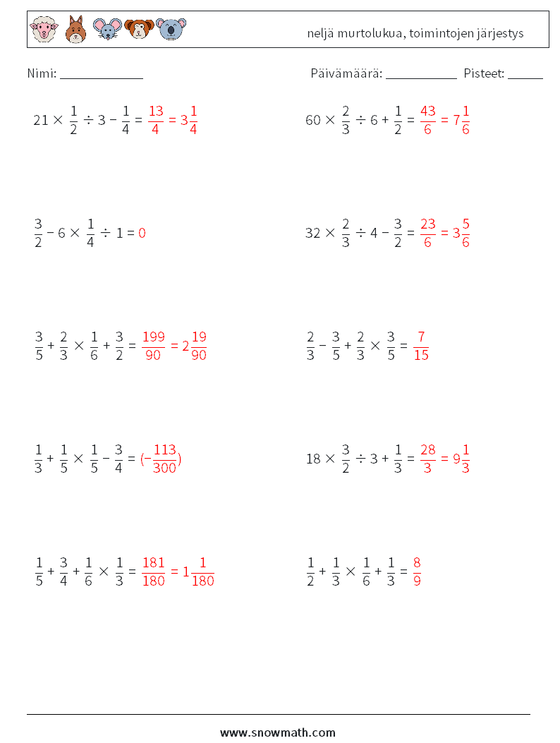 (10) neljä murtolukua, toimintojen järjestys Matematiikan laskentataulukot 1 Kysymys, vastaus
