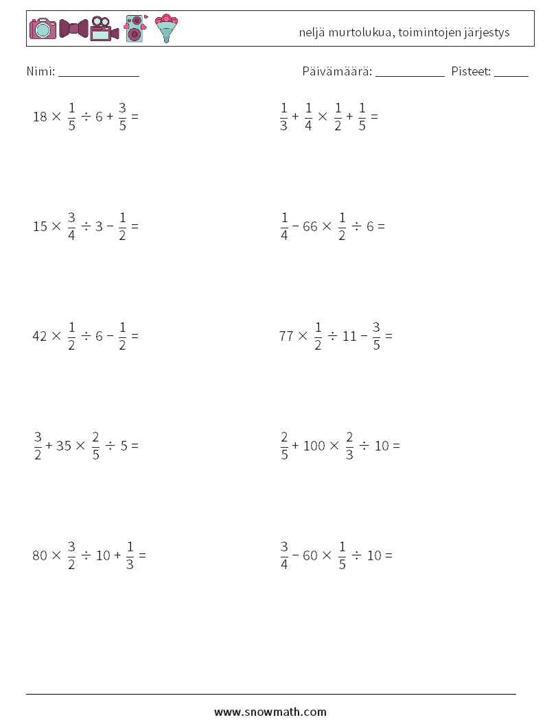 (10) neljä murtolukua, toimintojen järjestys Matematiikan laskentataulukot 4