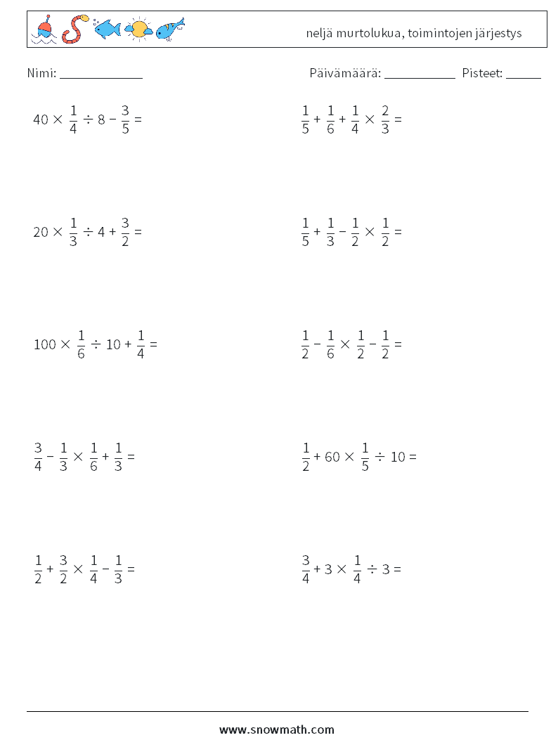 (10) neljä murtolukua, toimintojen järjestys Matematiikan laskentataulukot 9